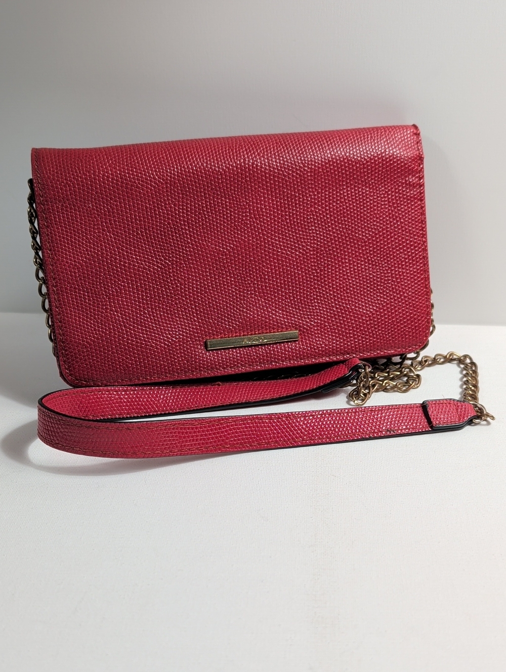 Aldo Red Pebbled Wallet-on-Chain Crossbody Bag